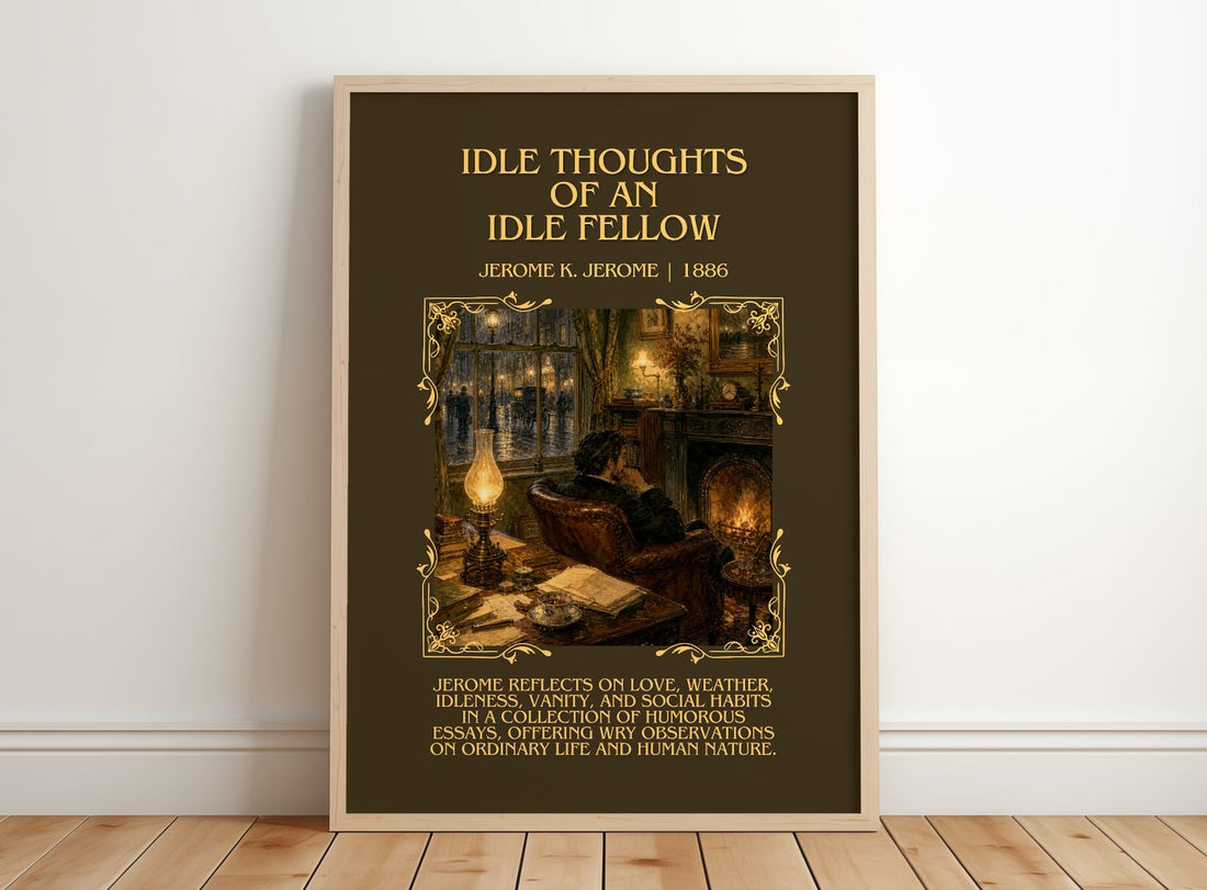 Idle Thoughts Of An Idle Fellow Minimalist Book Poster by J. Jerome – framed print leaning on a wooden floor
