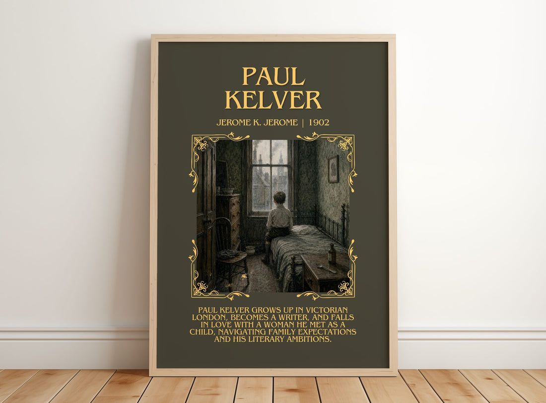 Paul Kelver Minimalist Book Poster by Jerome K. Jerome – framed print leaning on a wooden floor