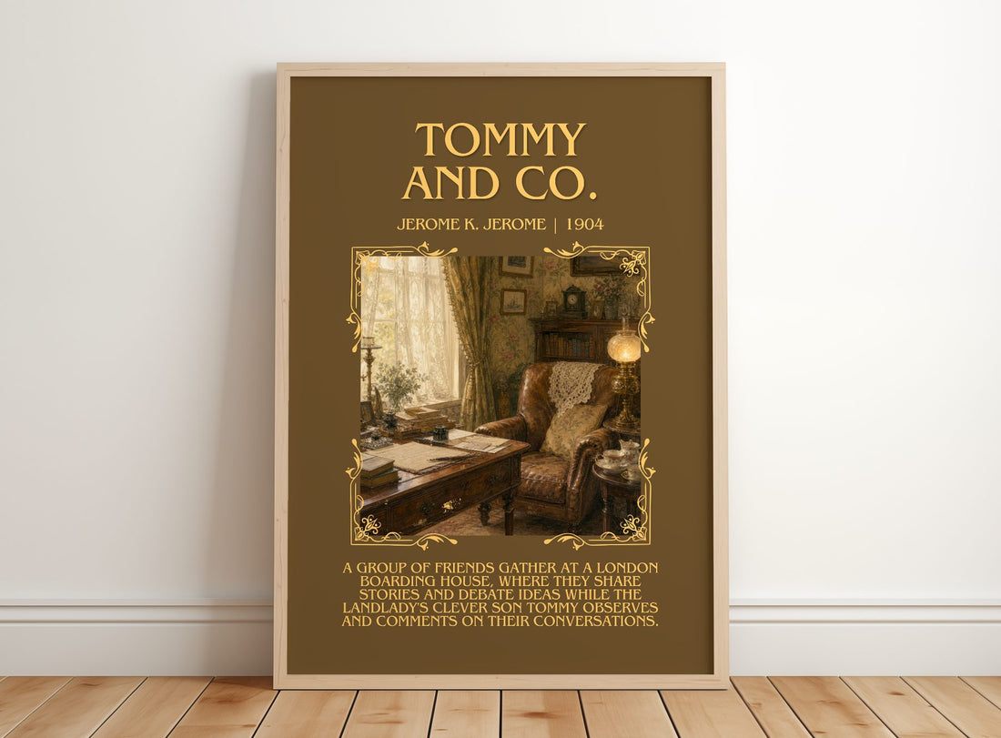 Tommy And Co. Minimalist Book Poster by Jerome K. Jerome – framed print leaning on a wooden floor