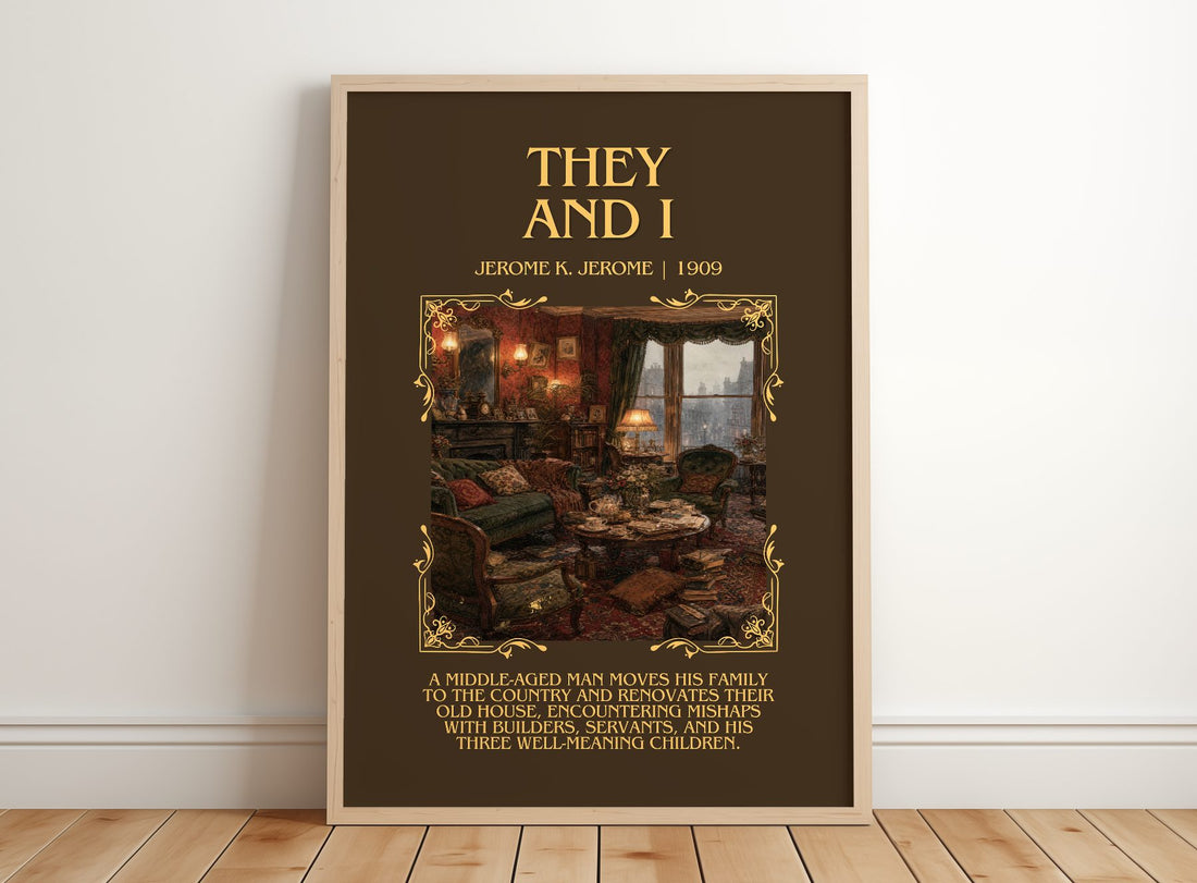 They And I Minimalist Book Poster by Jerome K. Jerome – framed print leaning on a wooden floor