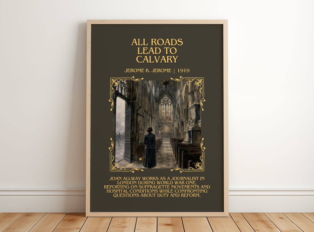 All Roads Lead To Calvary Minimalist Book Poster by Jerome K. Jerome – framed print leaning on a wooden floor