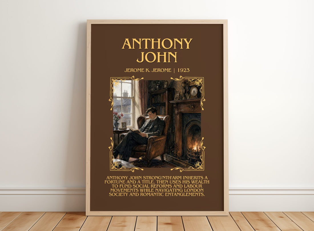 Anthony John Minimalist Book Poster by Jerome K. Jerome – framed print leaning on a wooden floor