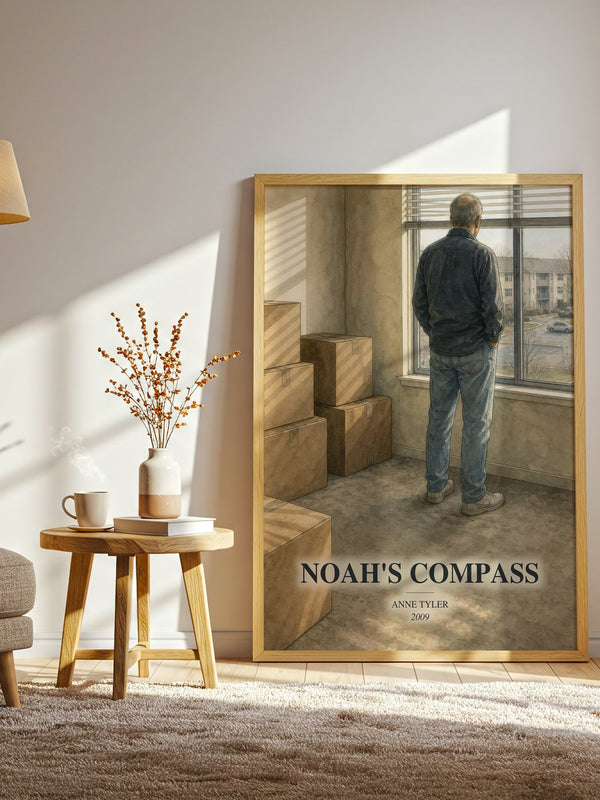 Noah'S Compass watercolour print in frame leaning in hallway – literary fiction wall art