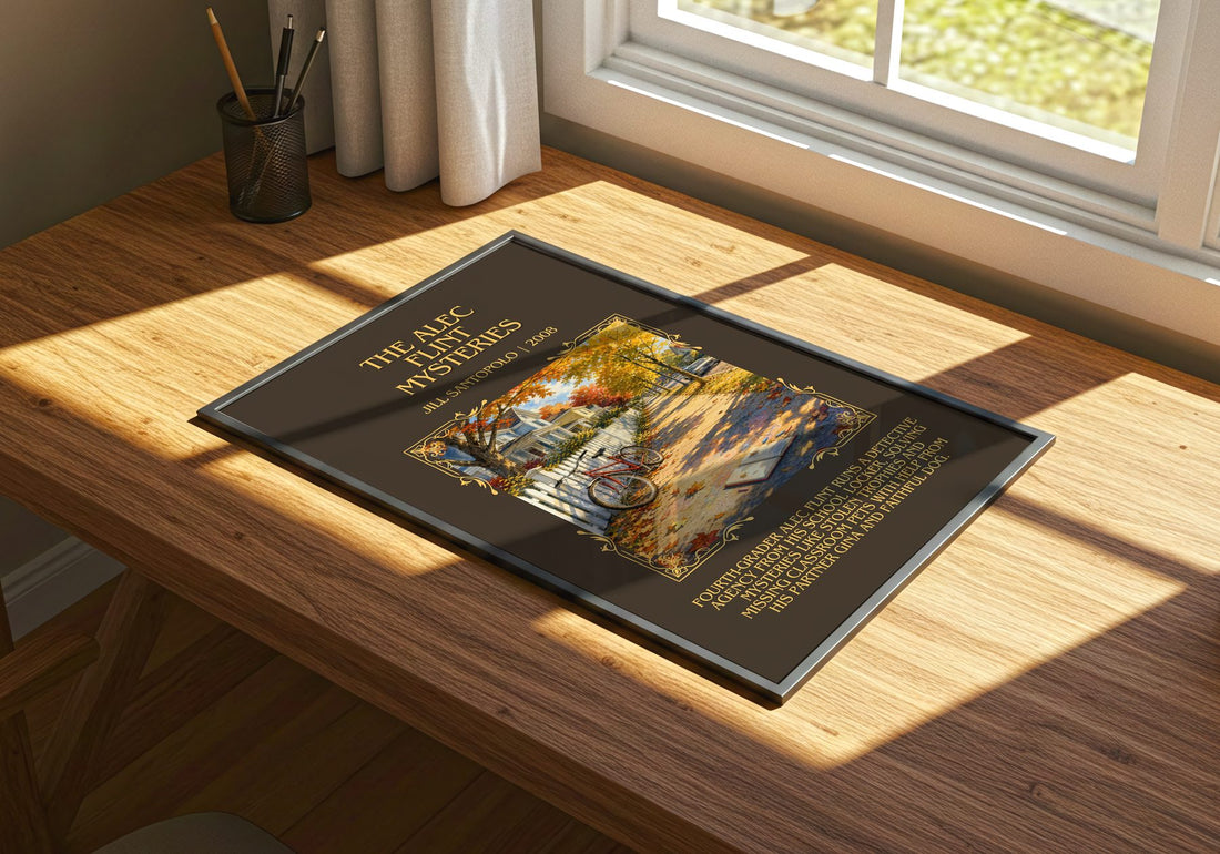 The Alec Flint Mysteries Minimalist Book Poster by Jill Santopolo – print on a sunlit desk