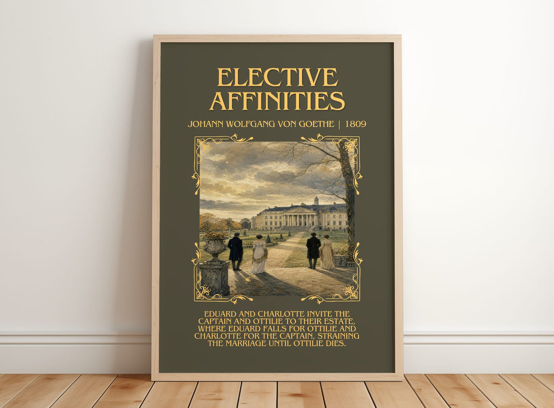 Elective Affinities Minimalist Book Poster by J. Goethe – framed print leaning on a wooden floor