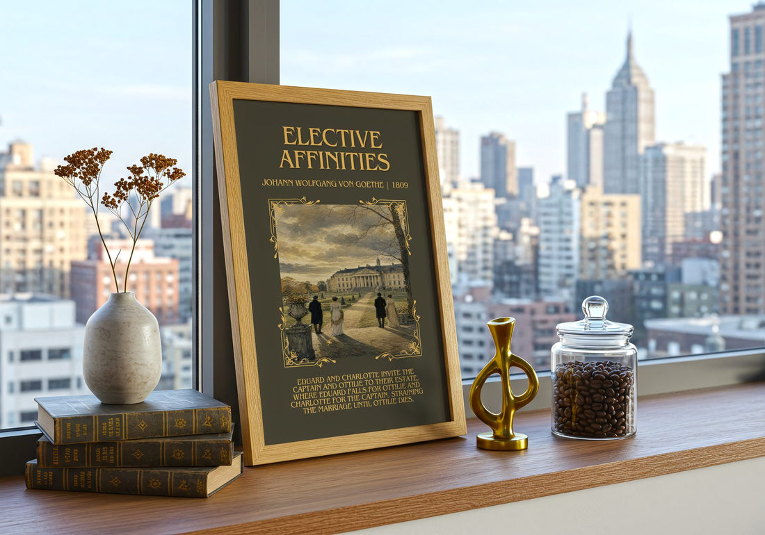 Elective Affinities Minimalist Book Poster by J. Goethe – framed print on a city-view windowsill