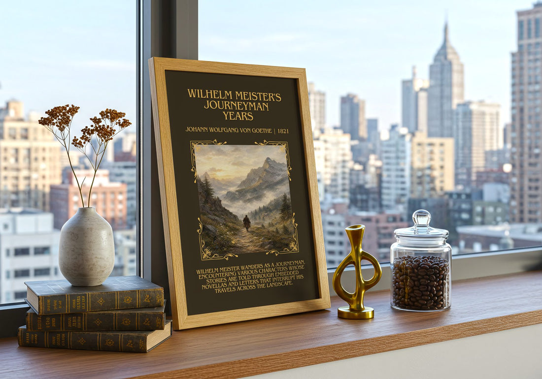 Wilhelm Meister'S Journeyman Years Minimalist Book Poster by J. Goethe – framed print on a city-view windowsill