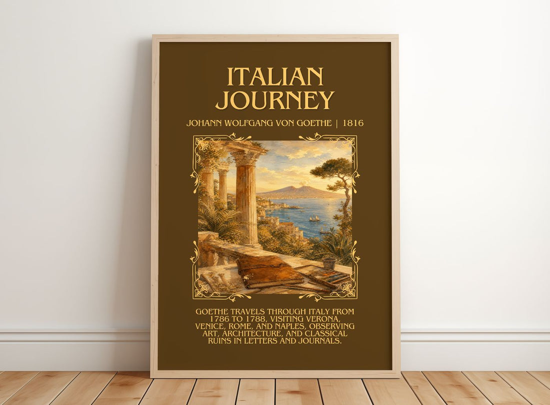 Italian Journey Minimalist Book Poster by Johann Wolfgang Von Goethe – framed print leaning on a wooden floor