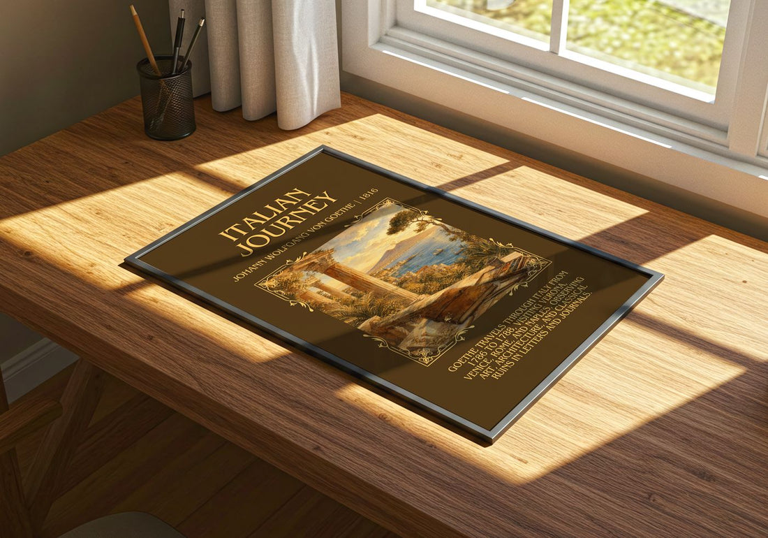 Italian Journey Minimalist Book Poster by Johann Wolfgang Von Goethe – print on a sunlit desk