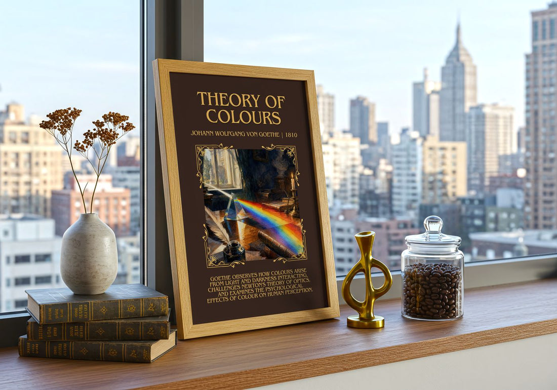 Theory Of Colours Minimalist Book Poster by Johann Wolfgang Von Goethe – framed print on a city-view windowsill