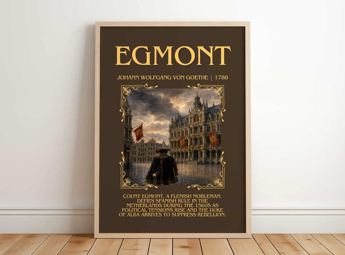 Egmont Minimalist Book Poster by Johann Wolfgang Von Goethe – framed print leaning on a wooden floor