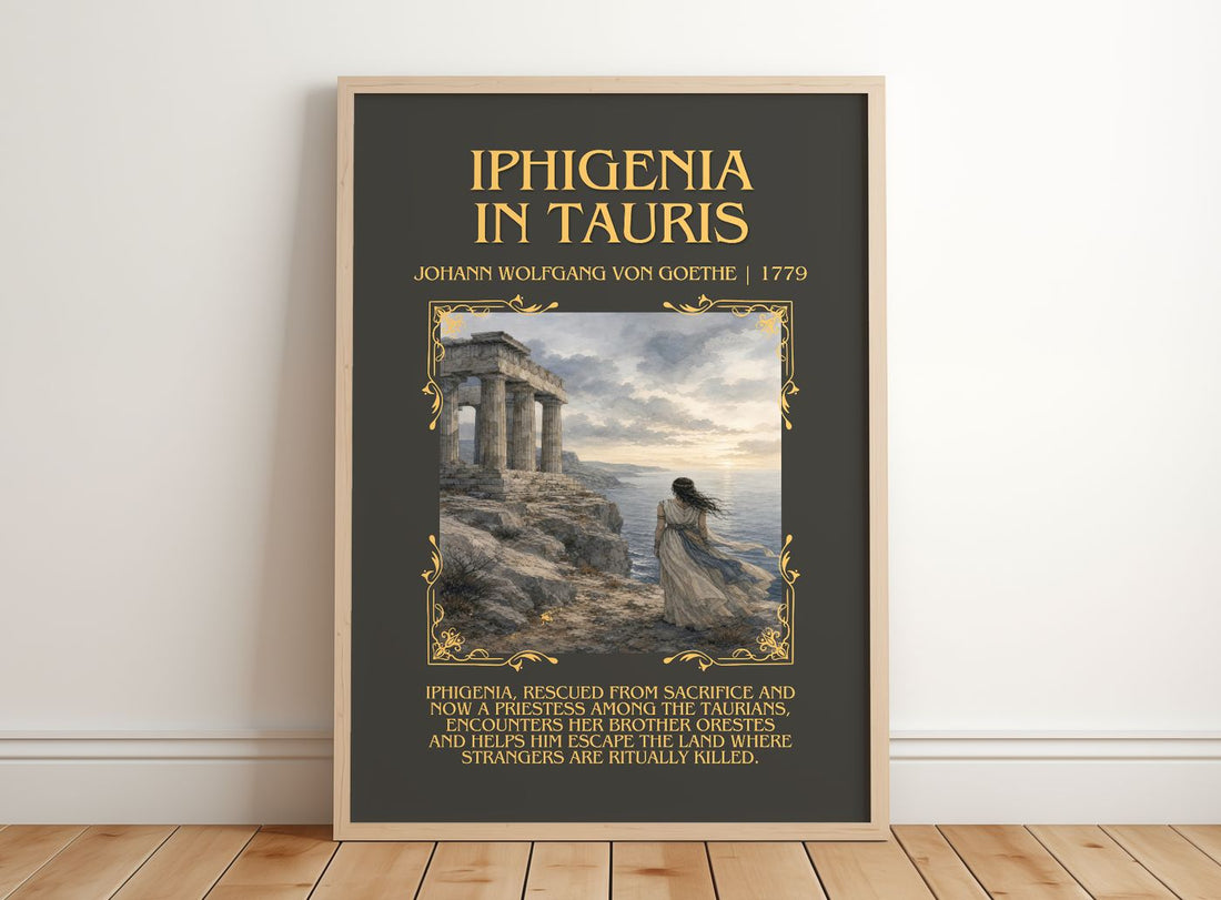 Iphigenia In Tauris Minimalist Book Poster by J. Goethe – framed print leaning on a wooden floor