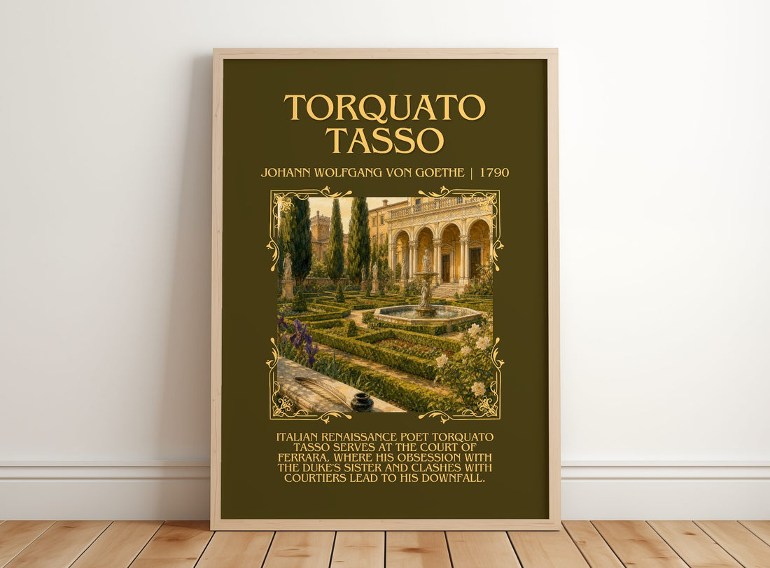 Torquato Tasso Minimalist Book Poster by Johann Wolfgang Von Goethe – framed print leaning on a wooden floor