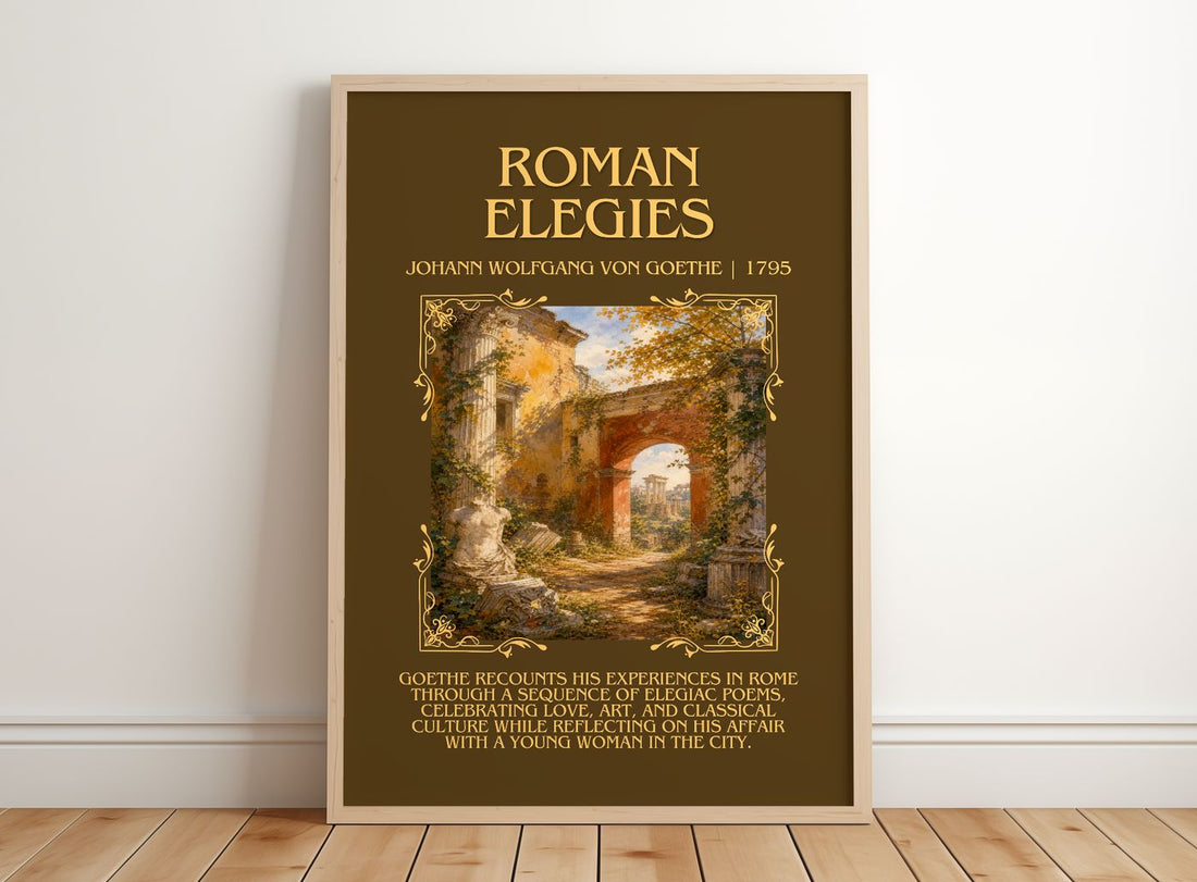 Roman Elegies Minimalist Book Poster by Johann Wolfgang Von Goethe – framed print leaning on a wooden floor