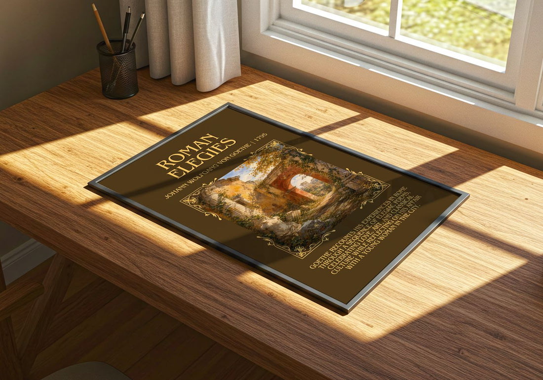 Roman Elegies Minimalist Book Poster by Johann Wolfgang Von Goethe – print on a sunlit desk