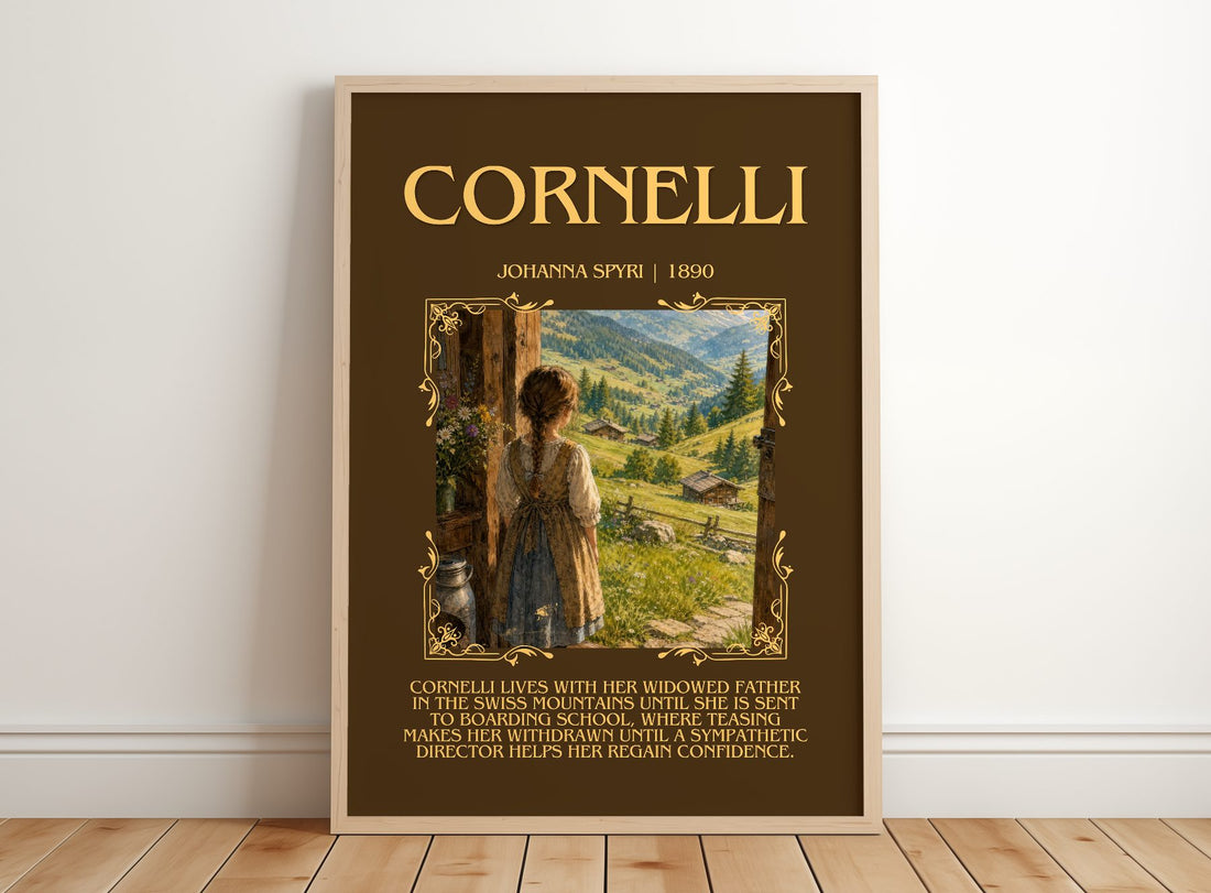 Cornelli Minimalist Book Poster by Johanna Spyri – framed print leaning on a wooden floor