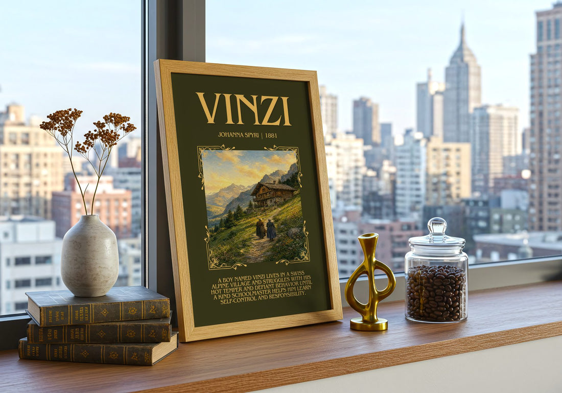 Vinzi Minimalist Book Poster by Johanna Spyri – framed print on a city-view windowsill