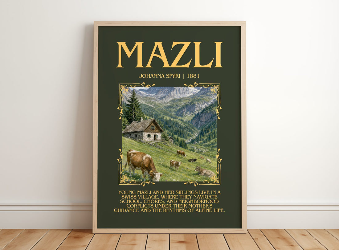 Mazli Minimalist Book Poster by Johanna Spyri – framed print leaning on a wooden floor