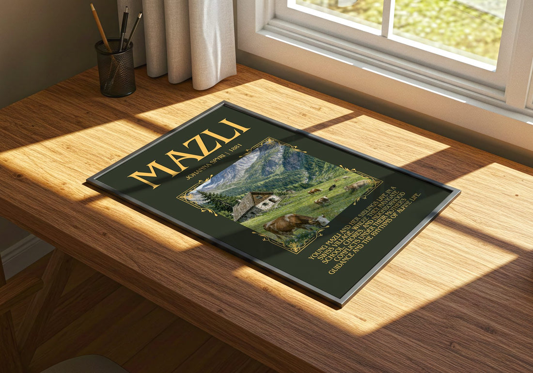 Mazli Minimalist Book Poster by Johanna Spyri – print on a sunlit desk