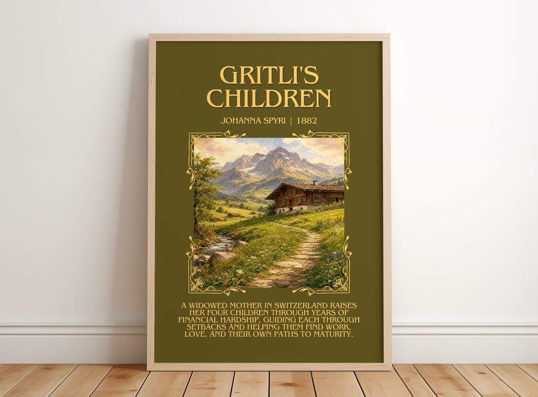 Gritli'S Children Minimalist Book Poster by Johanna Spyri – framed print leaning on a wooden floor