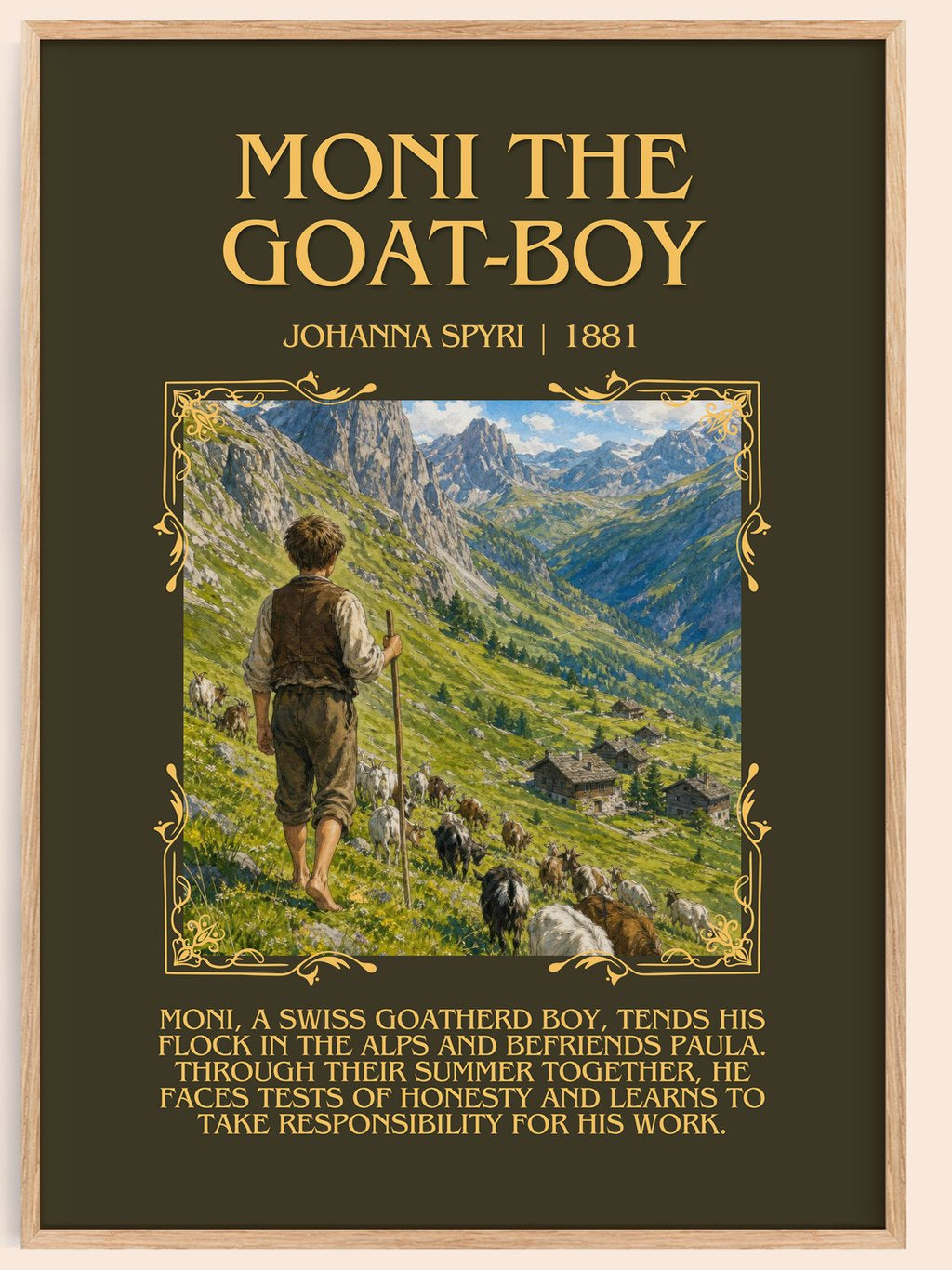Moni The Goat-Boy Minimalist Book Poster by Johanna Spyri – book poster