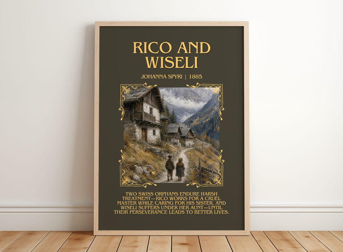 Rico And Wiseli Minimalist Book Poster by Johanna Spyri – framed print leaning on a wooden floor