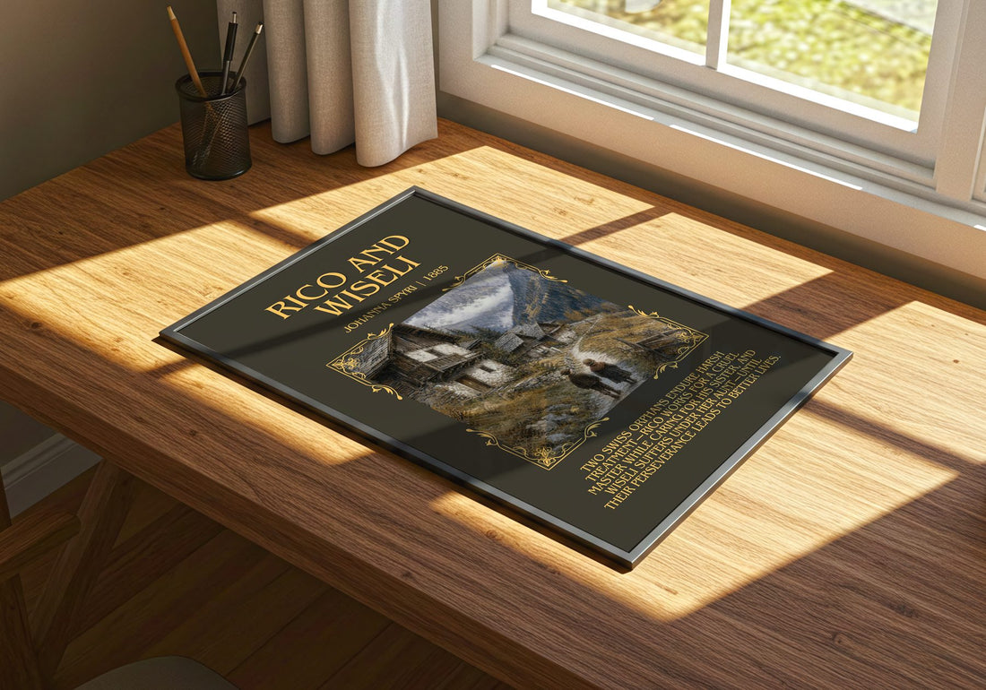 Rico And Wiseli Minimalist Book Poster by Johanna Spyri – print on a sunlit desk