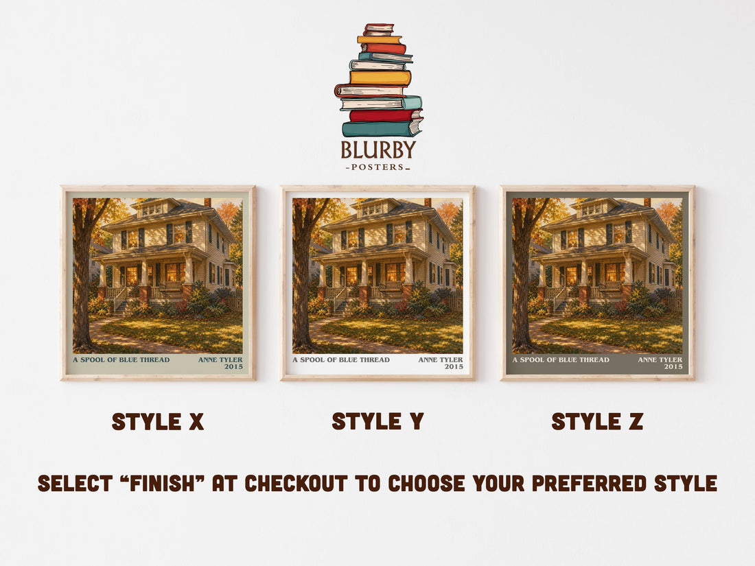 A Spool Of Blue Thread literary print in frame leaning in hallway – literary fiction wall art (mockup)
