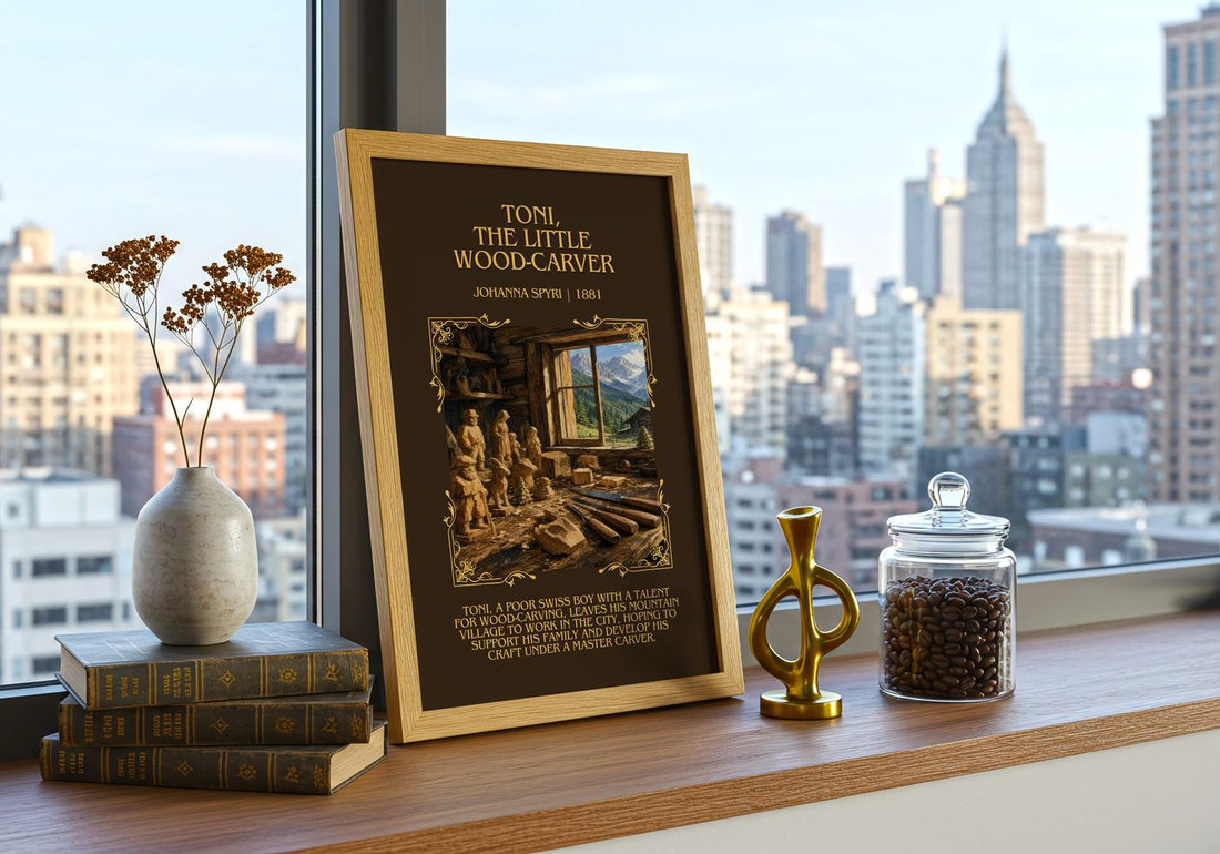 Toni, The Little Wood-Carver Minimalist Book Poster by Johanna Spyri – framed print on a city-view windowsill