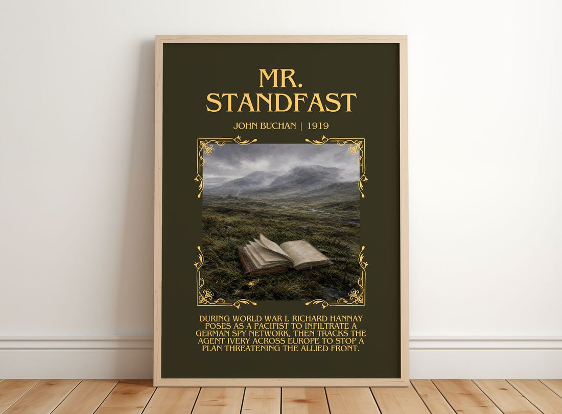 Mr. Standfast Minimalist Book Poster by John Buchan – framed print leaning on a wooden floor