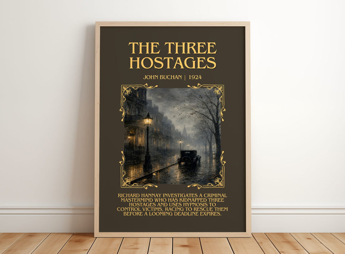 The Three Hostages Minimalist Book Poster by John Buchan – framed print leaning on a wooden floor