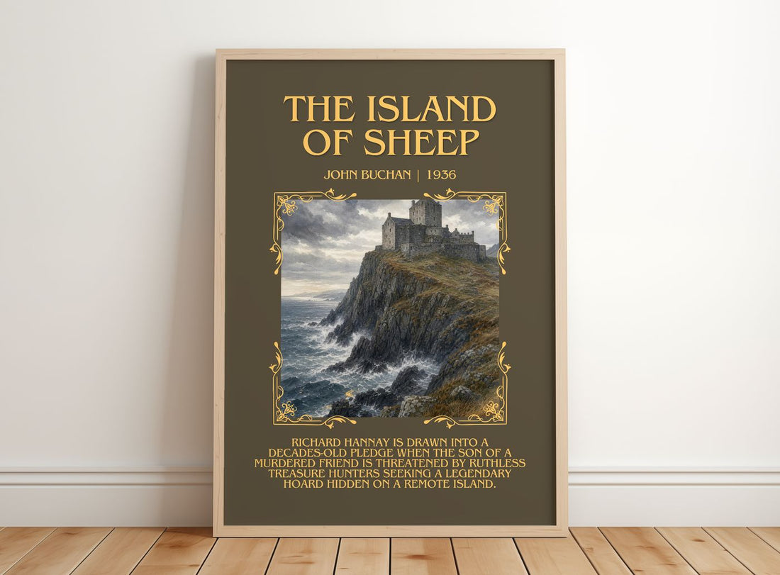 The Island Of Sheep Minimalist Book Poster by John Buchan – framed print leaning on a wooden floor