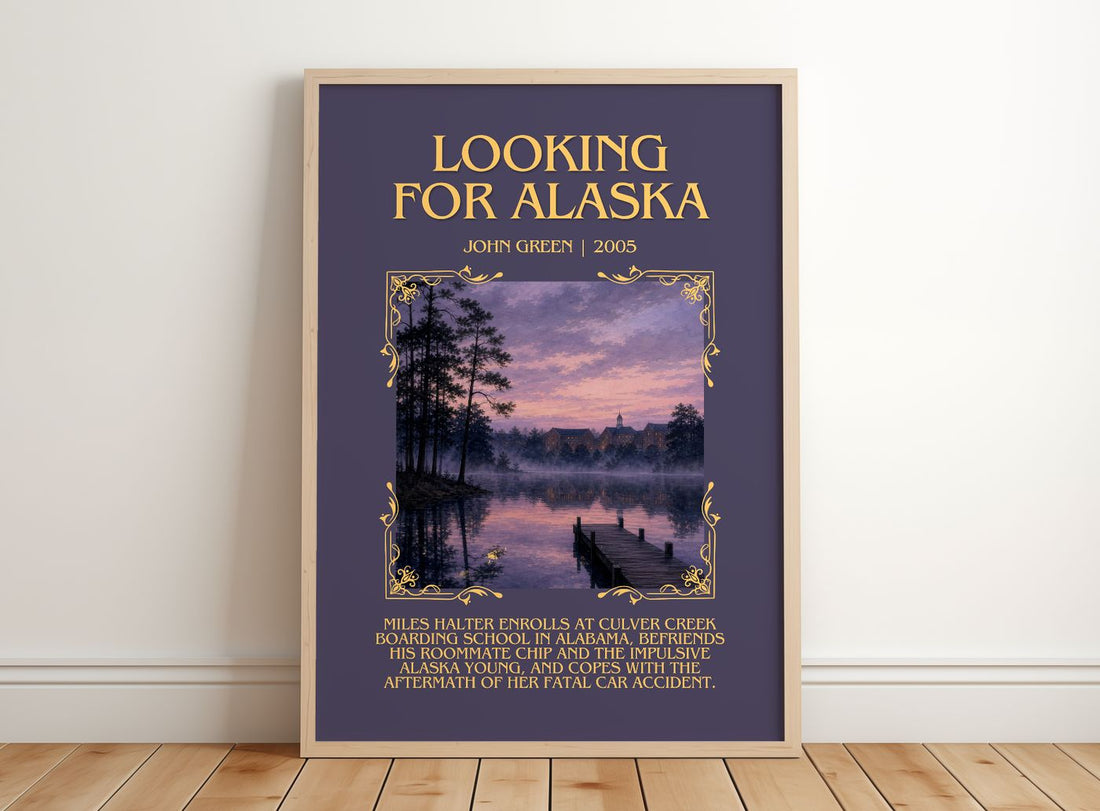 Looking For Alaska Minimalist Book Poster by John Green – framed print leaning on a wooden floor