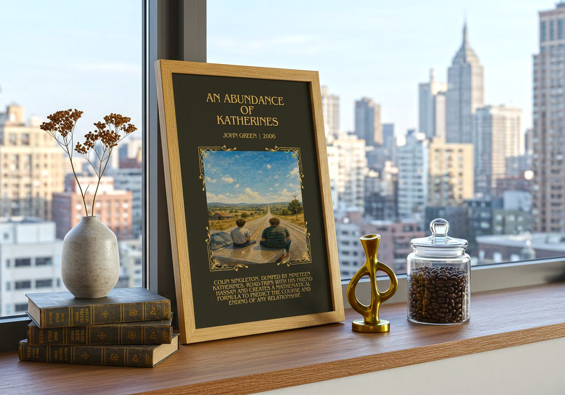 An Abundance Of Katherines Minimalist Book Poster by John Green – framed print on a city-view windowsill