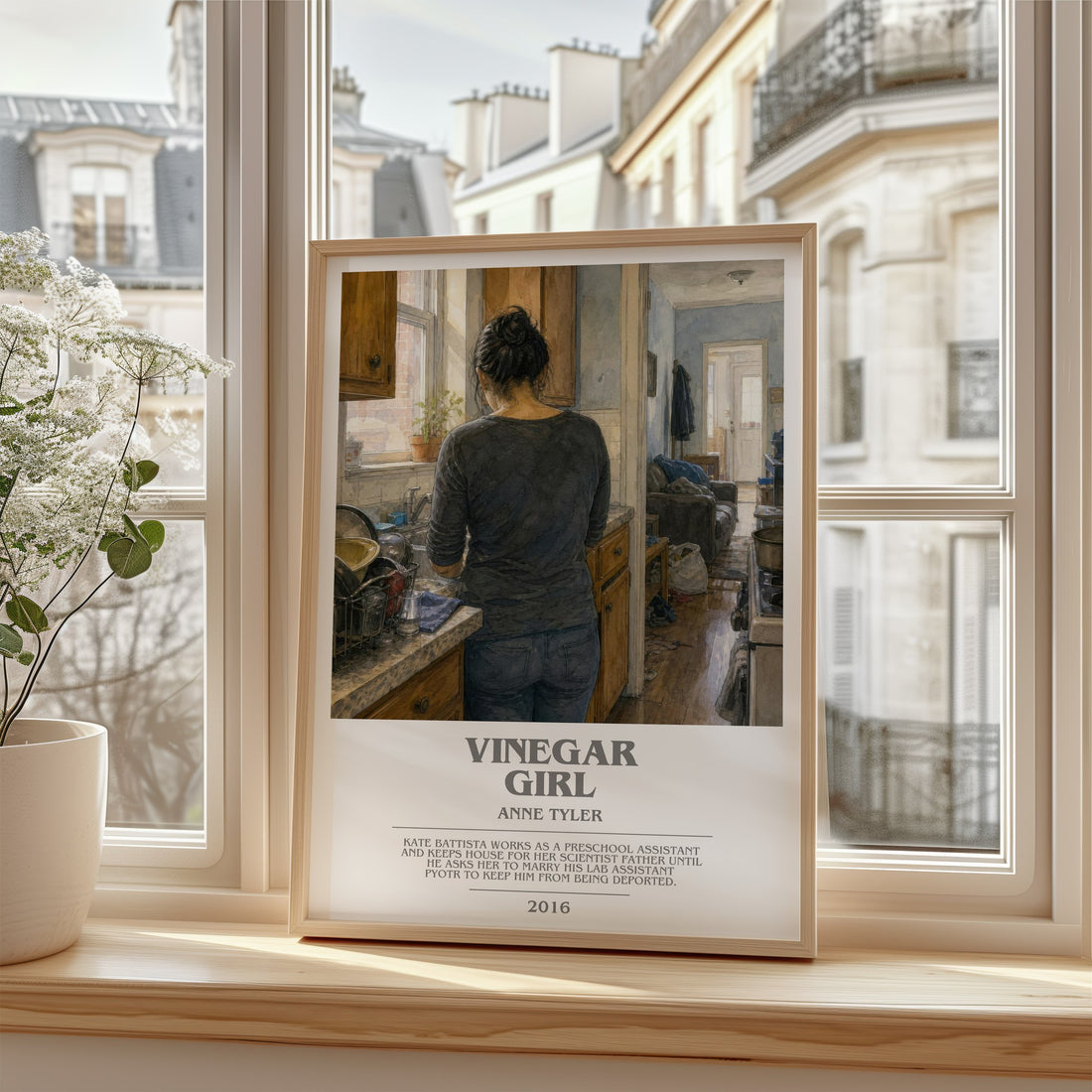 Vinegar Girl bookish print in frame leaning in hallway – contemporary fiction wall art