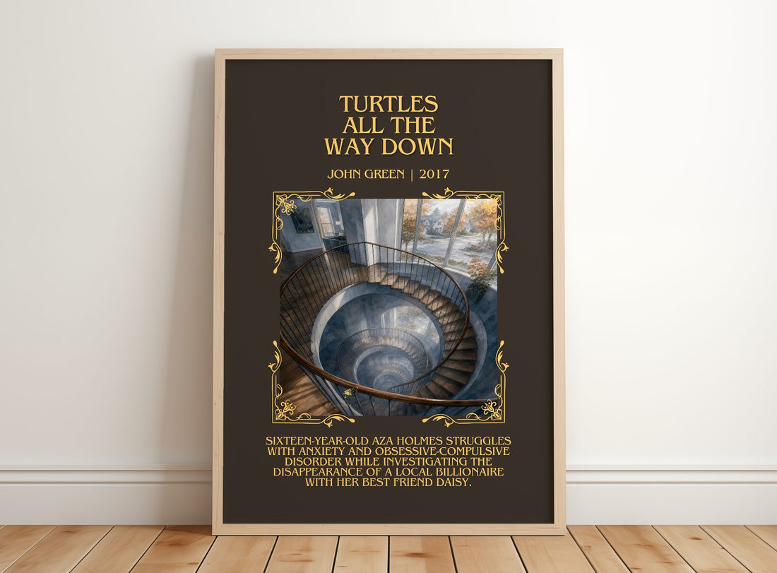 Turtles All The Way Down Minimalist Book Poster by John Green – framed print leaning on a wooden floor