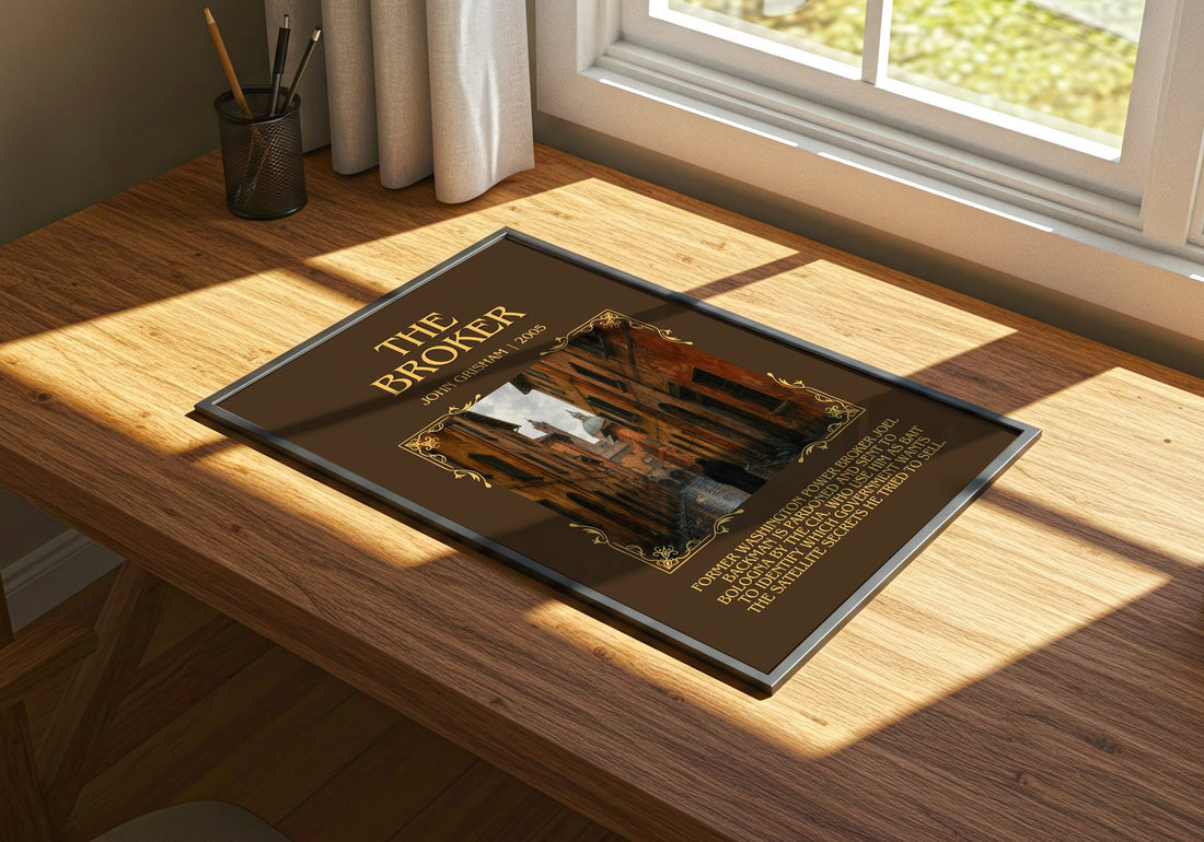 The Broker Minimalist Book Poster by John Grisham – print on a sunlit desk