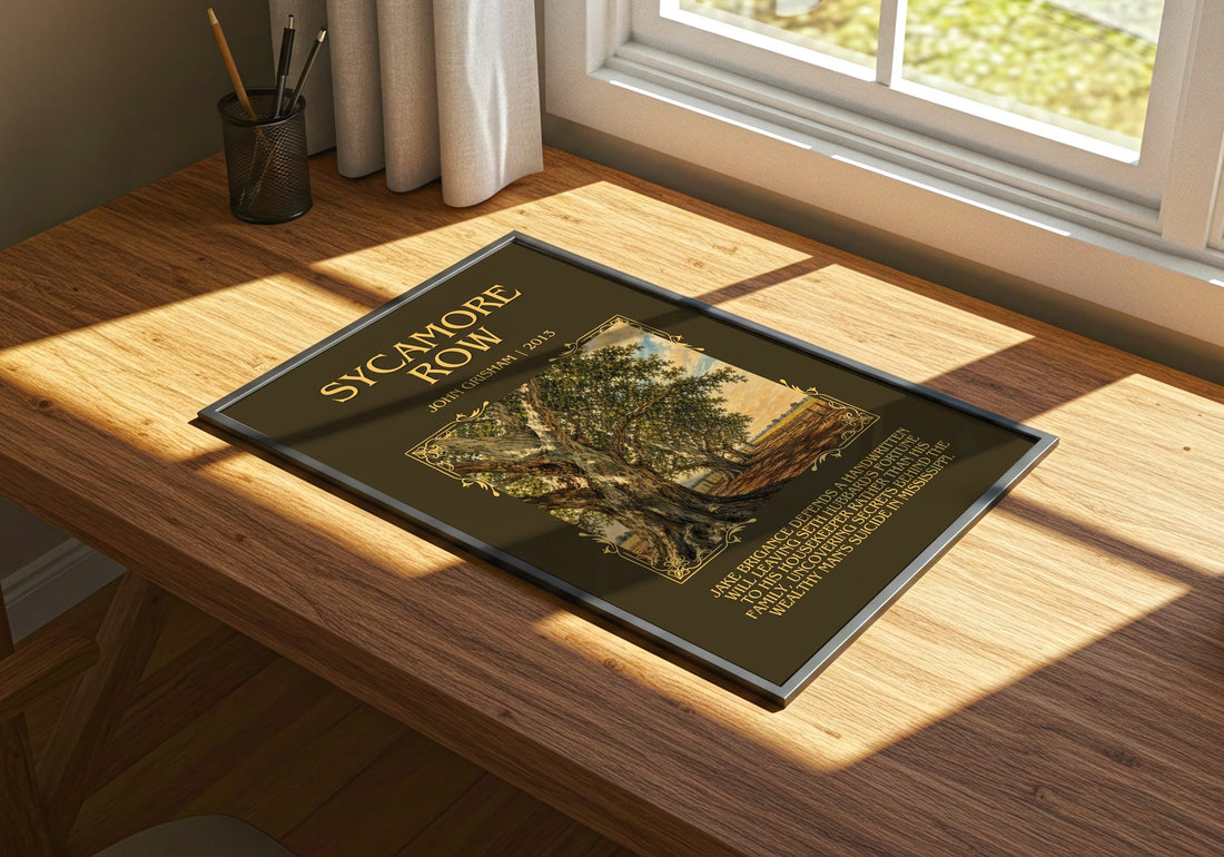 Sycamore Row Minimalist Book Poster by John Grisham – print on a sunlit desk