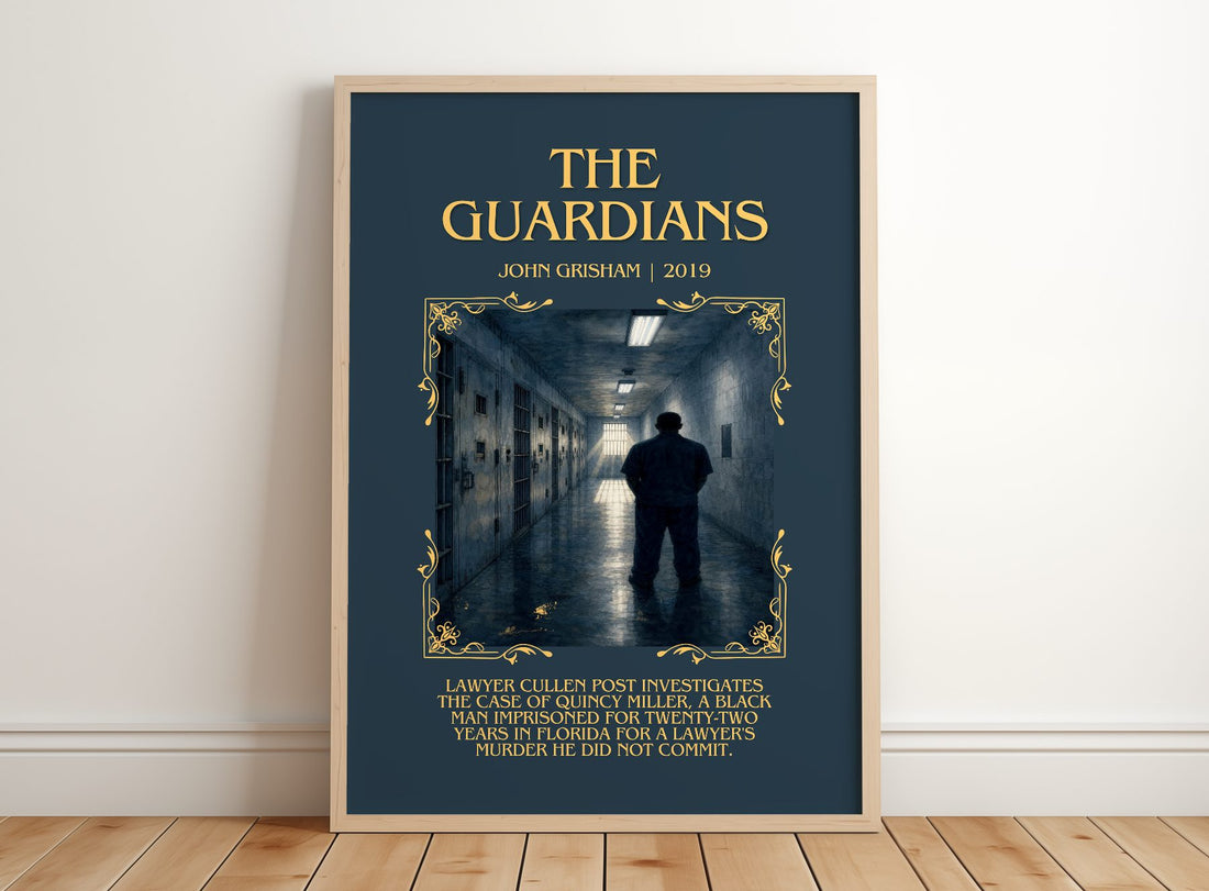 The Guardians Minimalist Book Poster by John Grisham – framed print leaning on a wooden floor