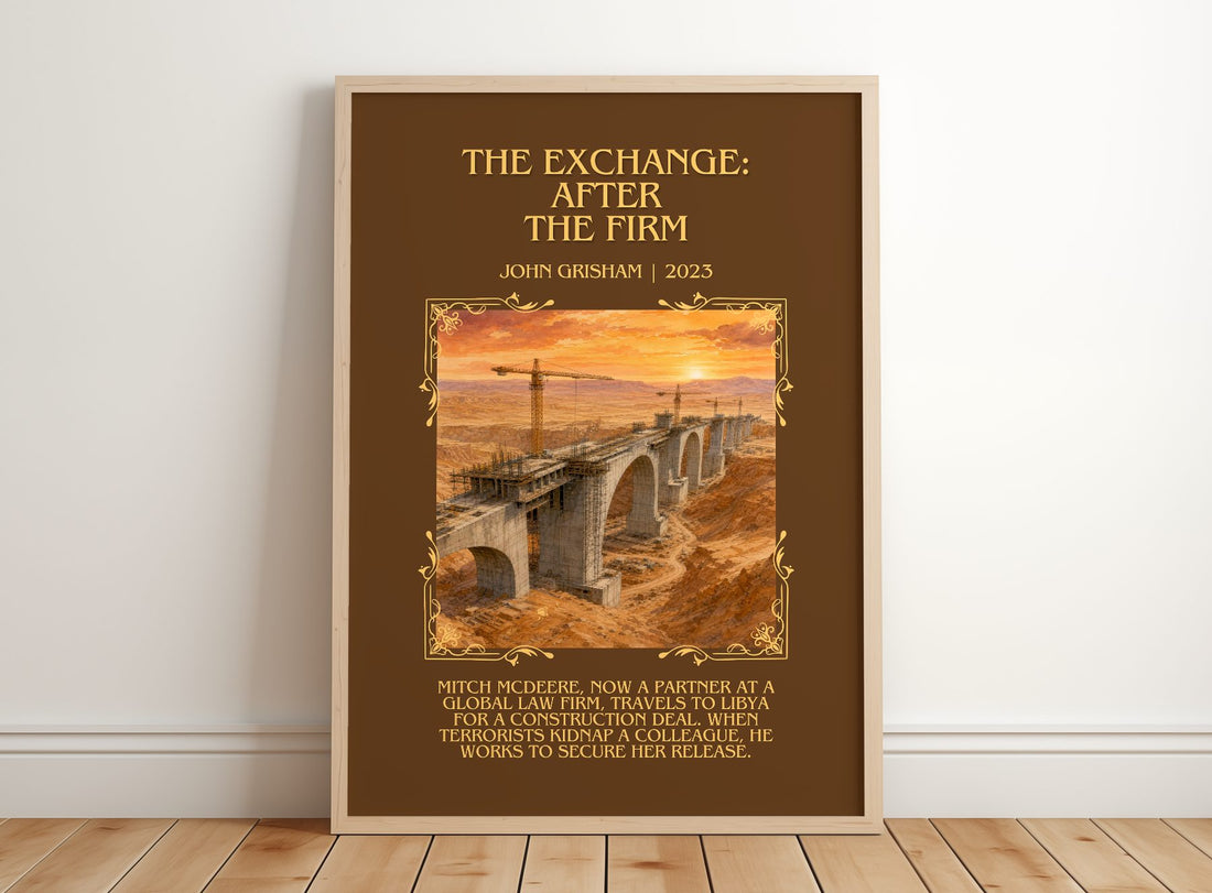 The Exchange: After The Firm Minimalist Book Poster by John Grisham – framed print leaning on a wooden floor