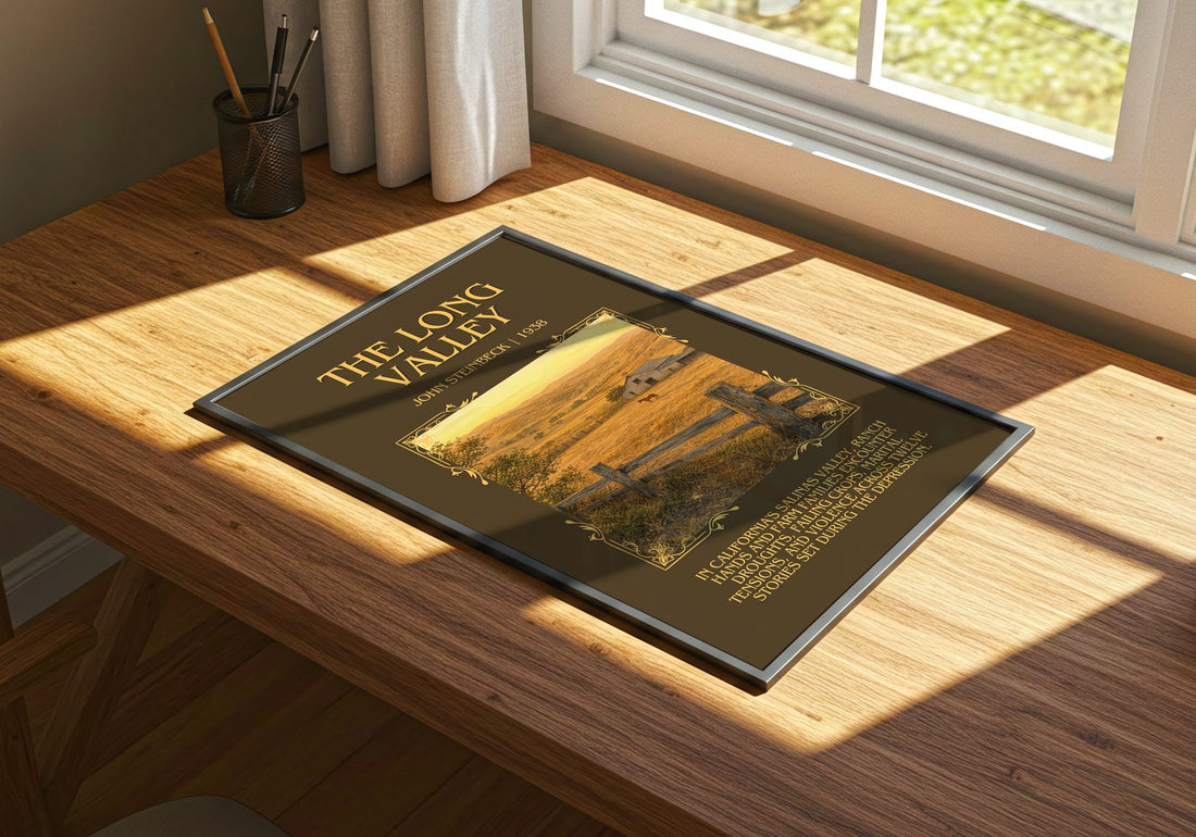 The Long Valley Minimalist Book Poster by John Steinbeck – print on a sunlit desk
