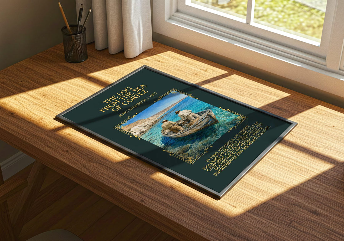 Log From The Sea Of Cortez Minimalist Book Poster by John Steinbeck – print on a sunlit desk