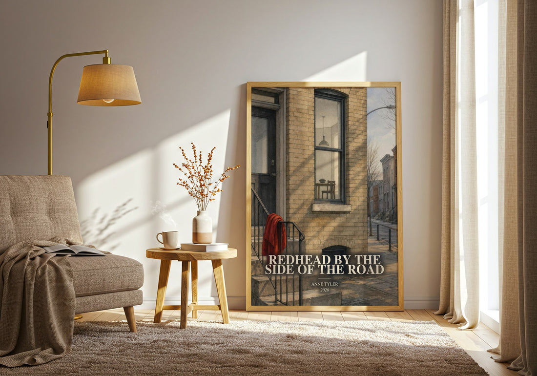 Redhead By The Side Of The Road watercolour print in frame leaning in hallway – contemporary fiction wall art (mockup)