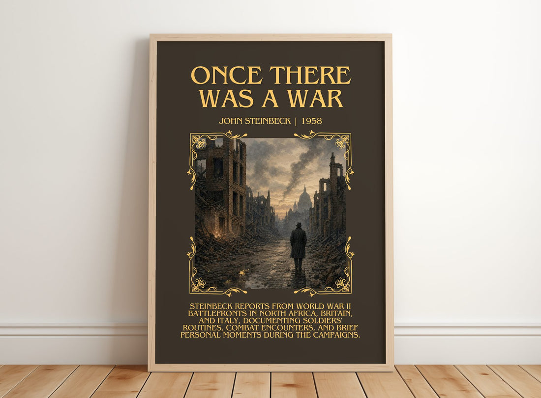 Once There Was A War Minimalist Book Poster by John Steinbeck – framed print leaning on a wooden floor