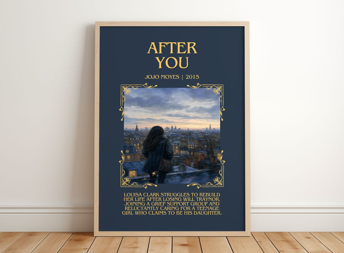 After You Minimalist Book Poster by Jojo Moyes – framed print leaning on a wooden floor
