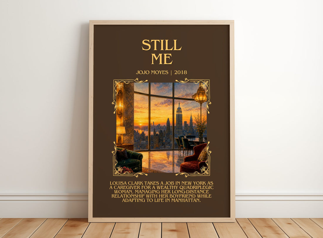 Still Me Minimalist Book Poster by Jojo Moyes – framed print leaning on a wooden floor