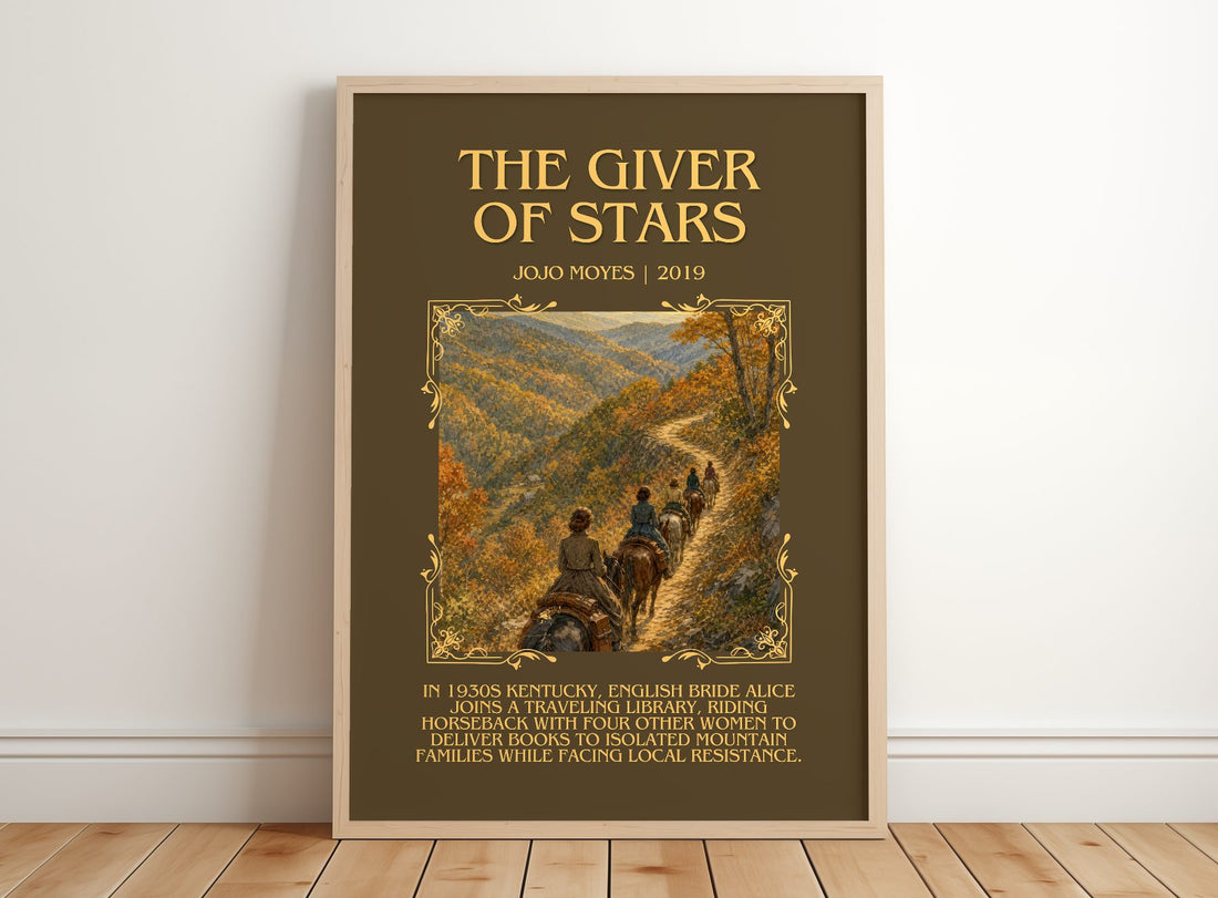The Giver Of Stars Minimalist Book Poster by Jojo Moyes – framed print leaning on a wooden floor