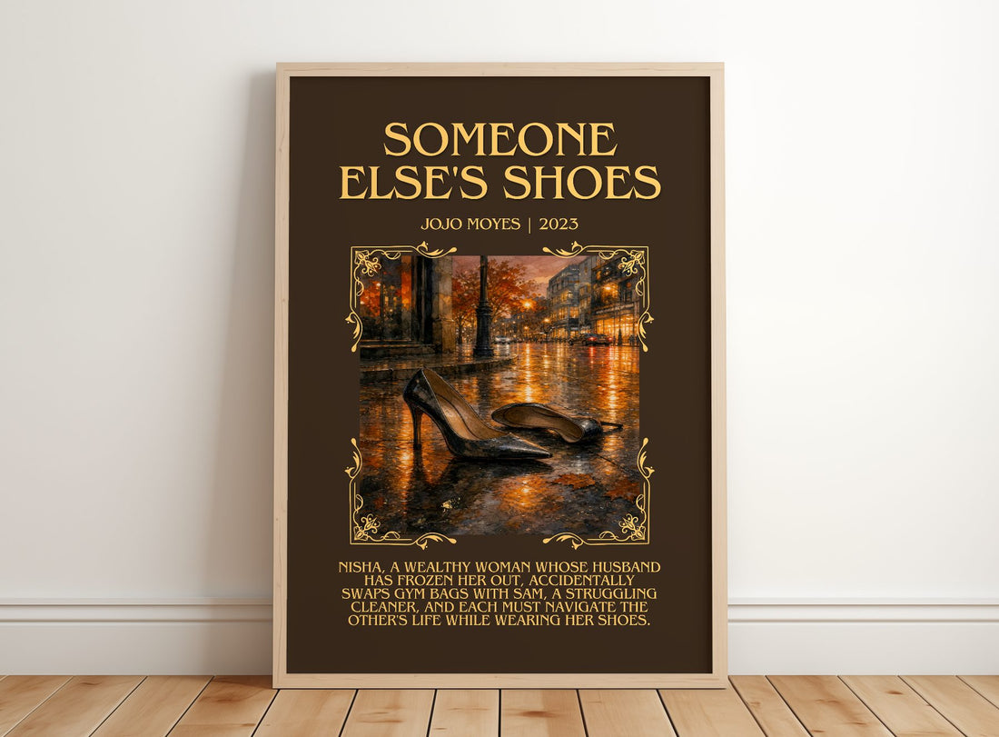 Someone Else'S Shoes Minimalist Book Poster by Jojo Moyes – framed print leaning on a wooden floor