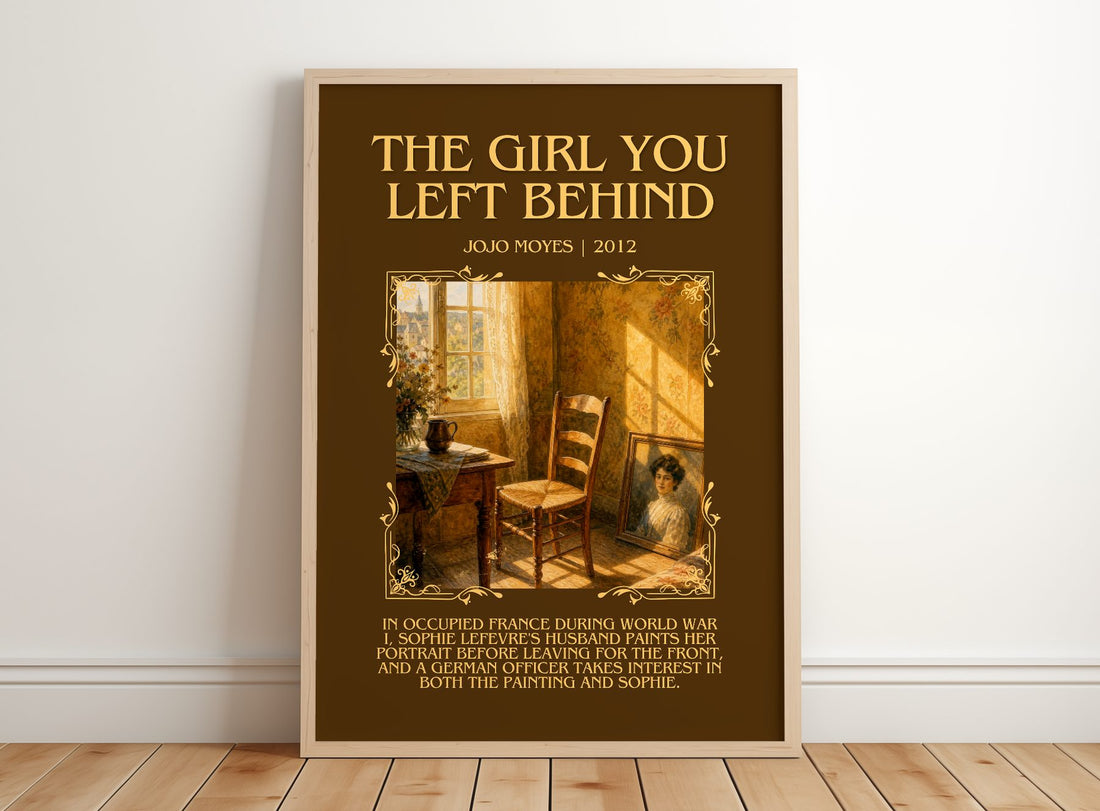 The Girl You Left Behind Minimalist Book Poster by Jojo Moyes – framed print leaning on a wooden floor