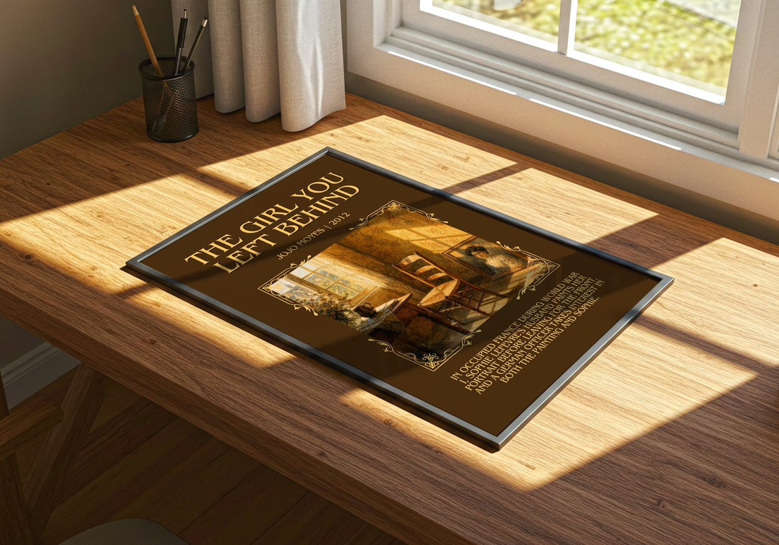 The Girl You Left Behind Minimalist Book Poster by Jojo Moyes – print on a sunlit desk